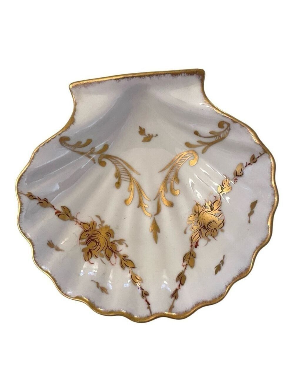 Limoges France F & F Hand Painted Shell Trinket Dish White Gold